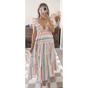 J Crew Tiered Maxi Dress Rainbow Stripe Ruffle V Neck Cotton Size L